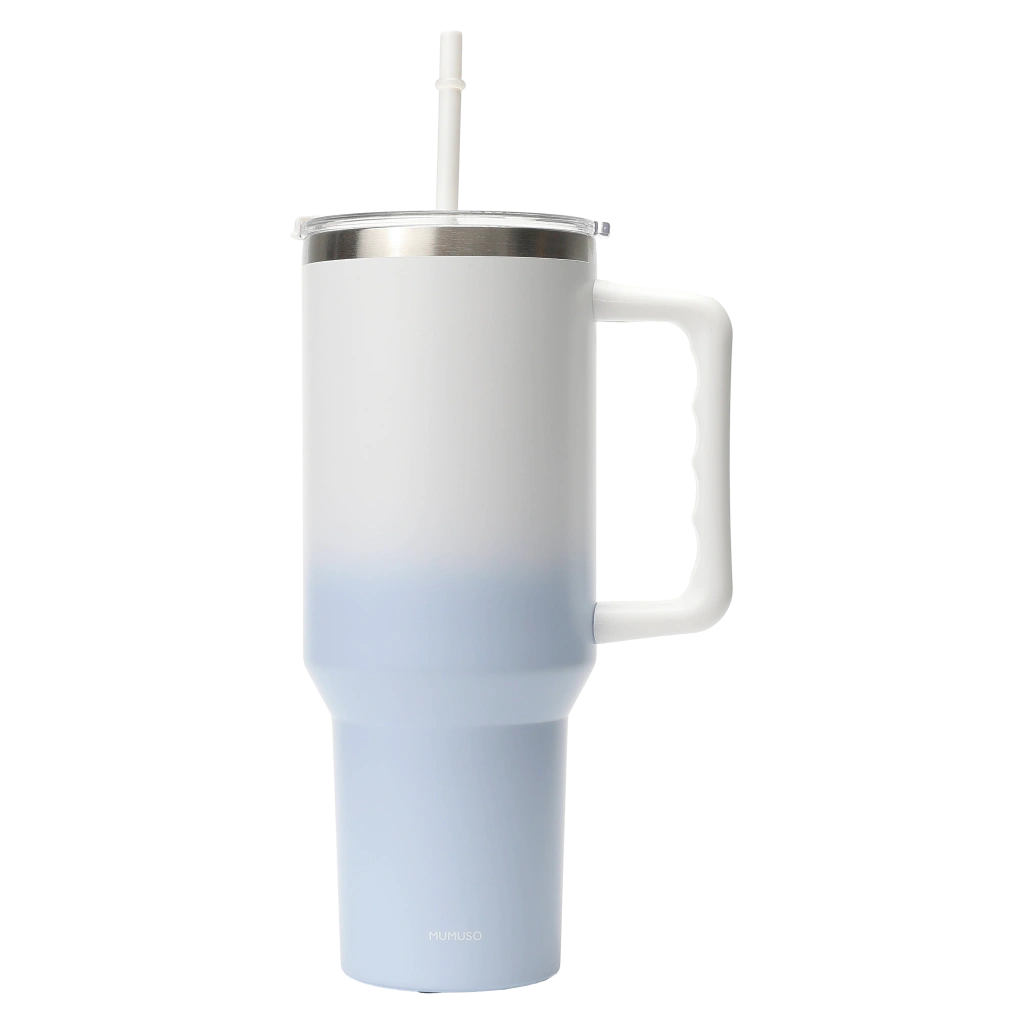 Isolierbecher aus Edelstahl mit Henkel und Strohhalm, 1200 ml, Kollektion Kirschblüte (Blau)