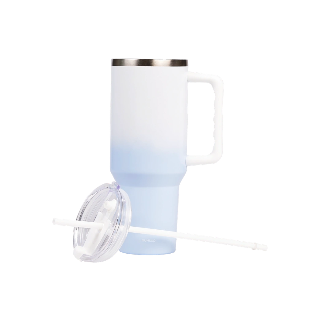 Isolierbecher aus Edelstahl mit Henkel und Strohhalm, 1200 ml, Kollektion Kirschblüte (Blau)