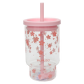Glasbecher mit Deckel und Strohhalm aus Borosilikatglas, 850 ml mit Kirschblüten-Design (Rosa)