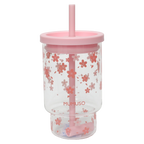 Glasbecher mit Deckel und Strohhalm aus Borosilikatglas, 850 ml mit Kirschblüten-Design (Rosa)