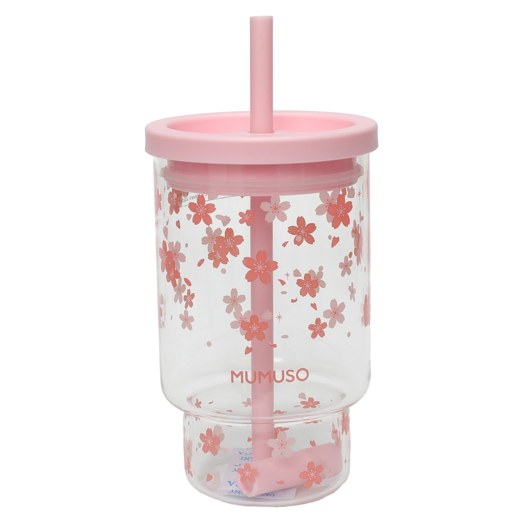 Glasbecher mit Deckel und Strohhalm aus Borosilikatglas, 850 ml mit Kirschblüten-Design (Rosa)