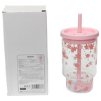 Glasbecher mit Deckel und Strohhalm aus Borosilikatglas, 850 ml mit Kirschblüten-Design (Rosa)