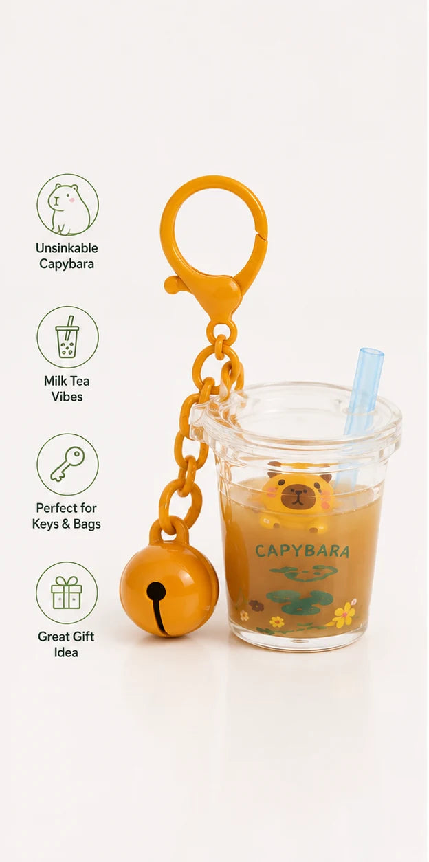 Schlüsselanhänger mit Capybara im transparenten Milchtee Becher und Glocke