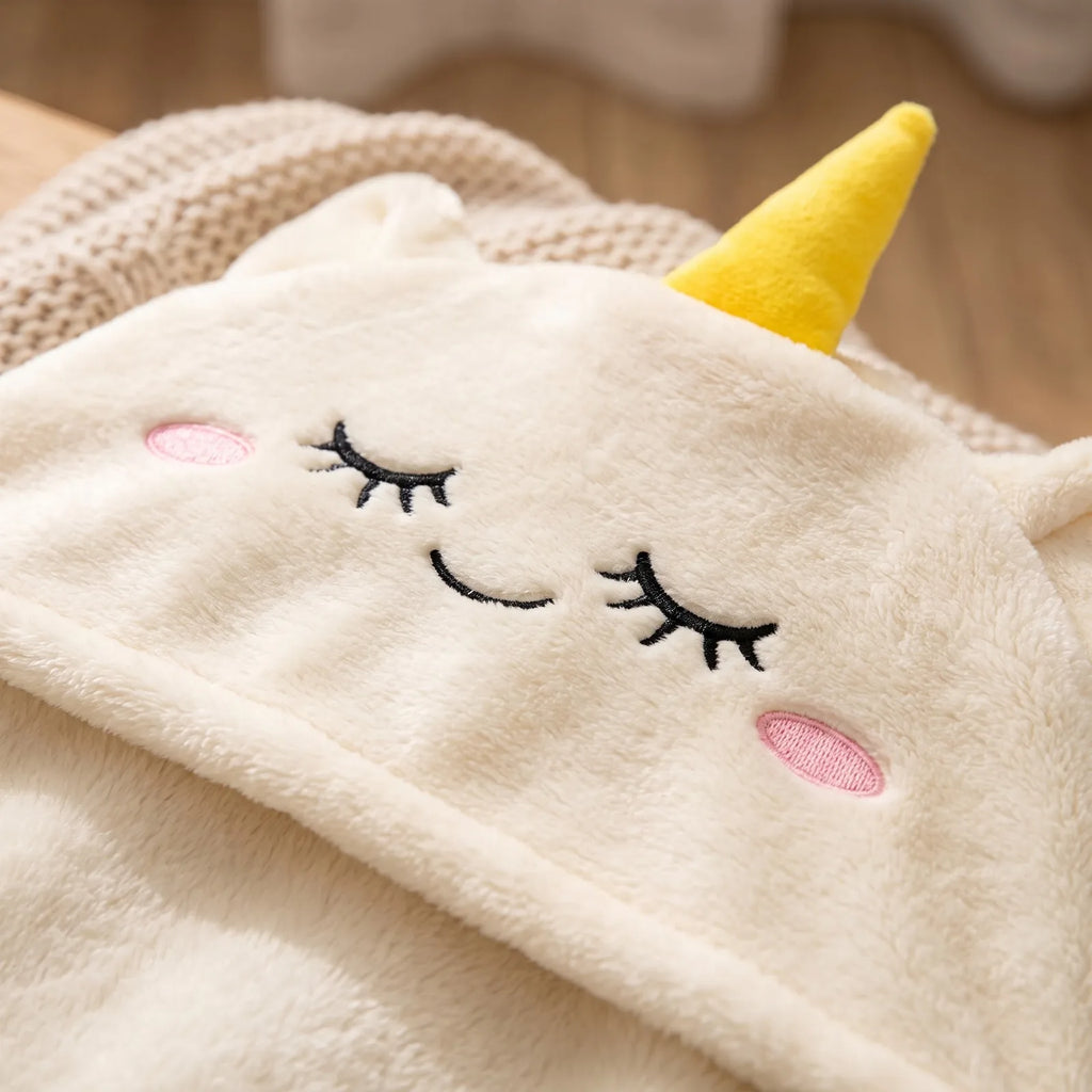 Detail der weichen Oberfläche und Einhorn-Stickerei an der Kapuze