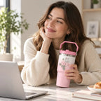 Frau mit floralem Isolierbecher 600 ml in Rosa am Tisch