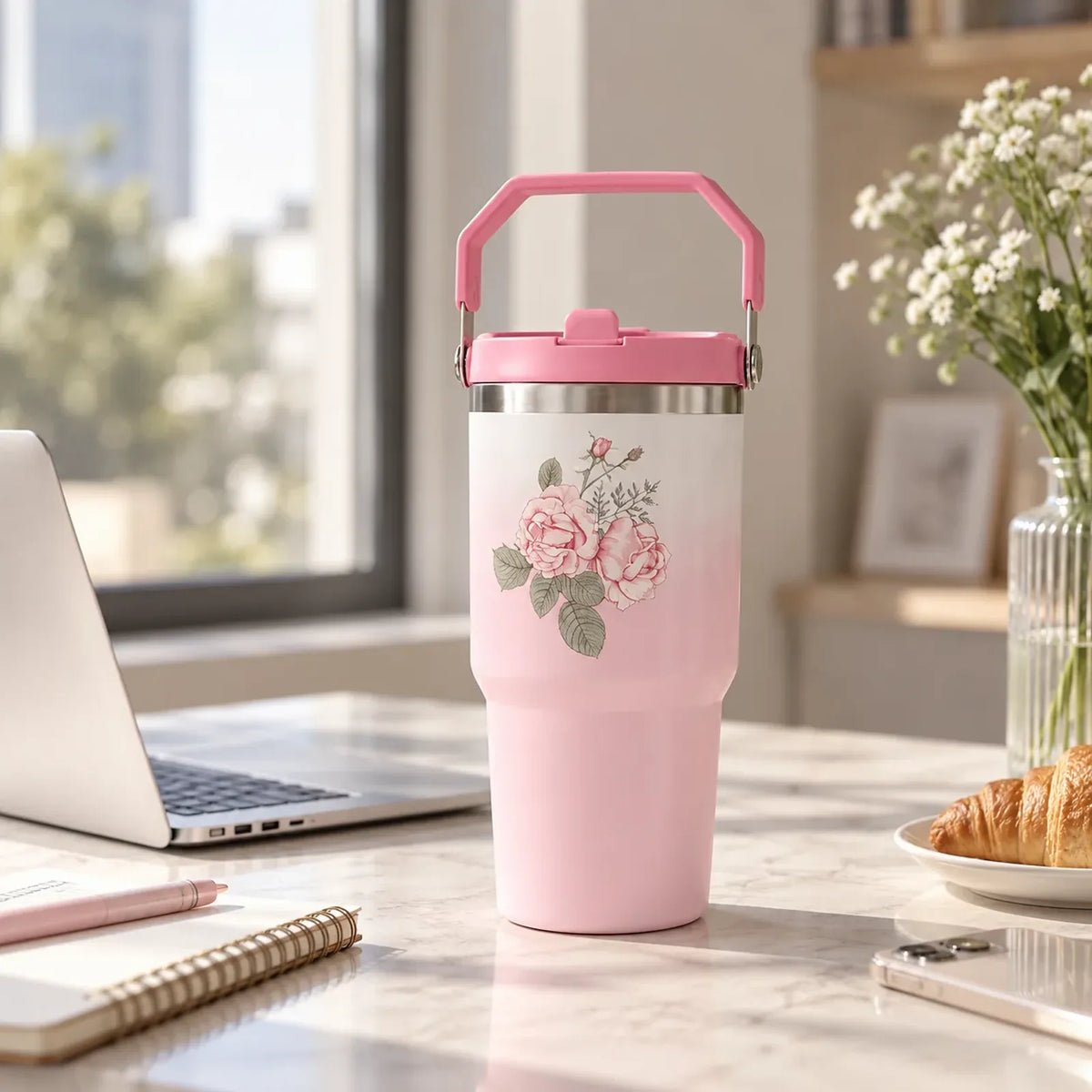 Floraler Isolierbecher 600 ml in Rosa in heller Wohnszene