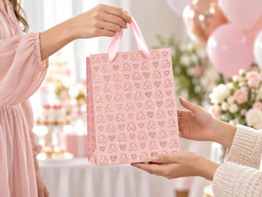 Rosa Geschenktasche mit Herzfolienprägung beim Überreichen
