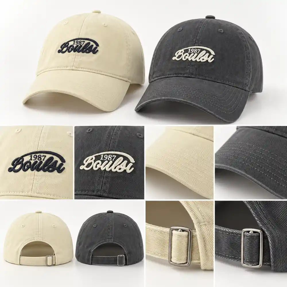Detailansichten der beigen und grauen Baseballcap mit Stickerei und Verschluss