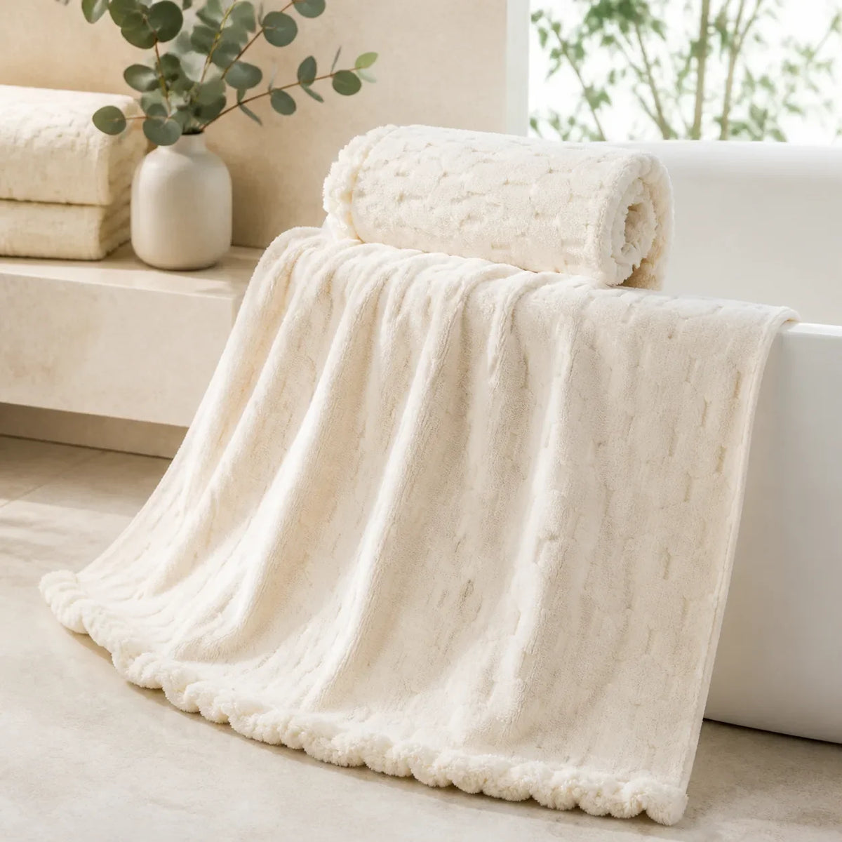 Beiges MUMUSO Macaron Oversize-Badetuch in einem ruhigen Spa-Badezimmer