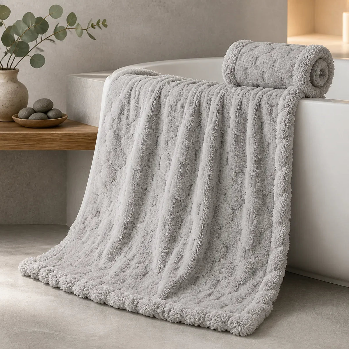 Hellgraues MUMUSO Macaron Oversize-Badetuch im modernen Badezimmer