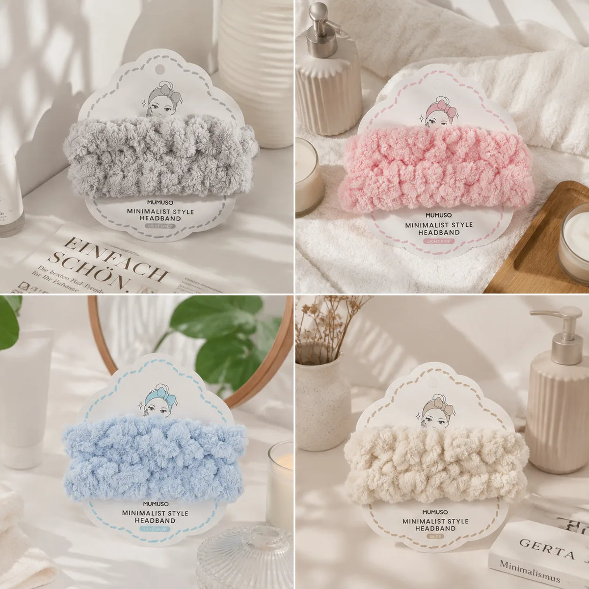 Farbübersicht der Macaron-Haarbänder in Hellgrau, Hellrosa, Hellblau und Beige
