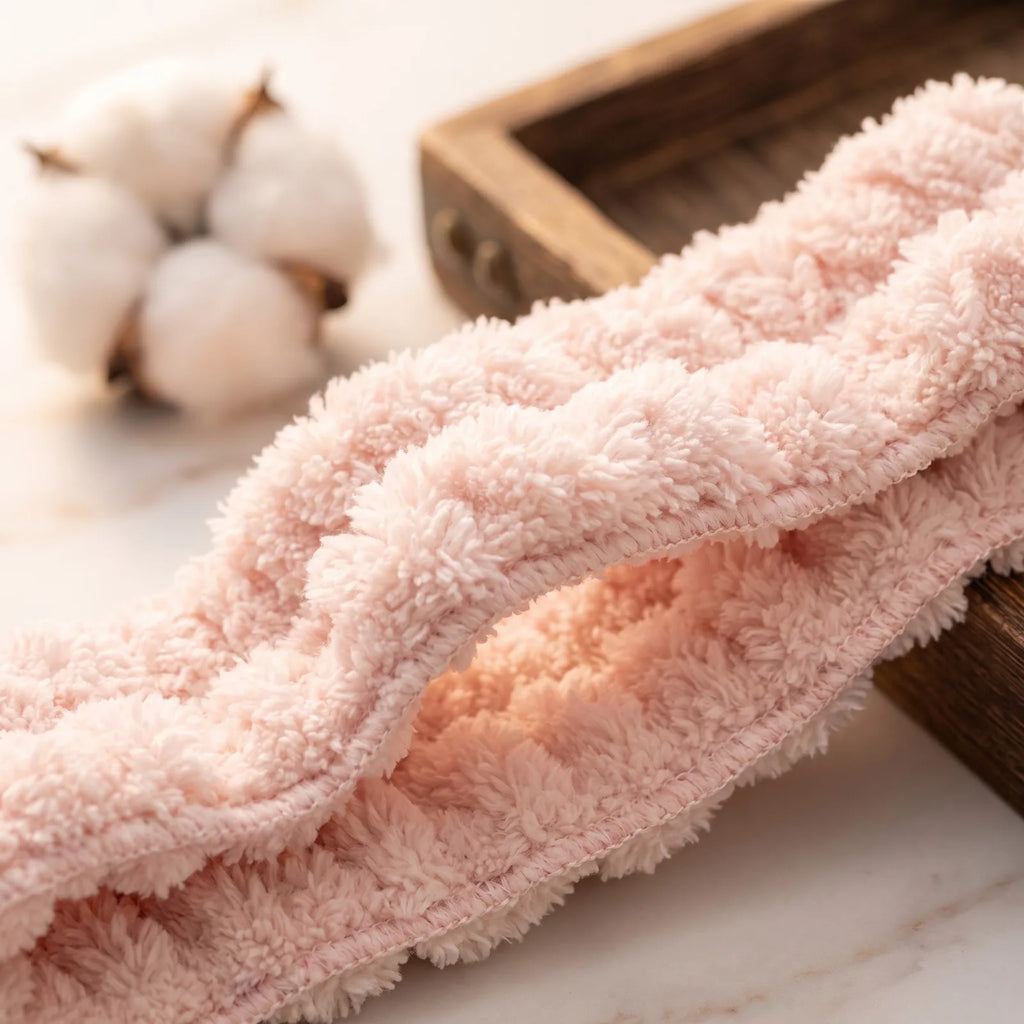 Detailansicht der flauschigen Struktur des hellrosa Haarbands