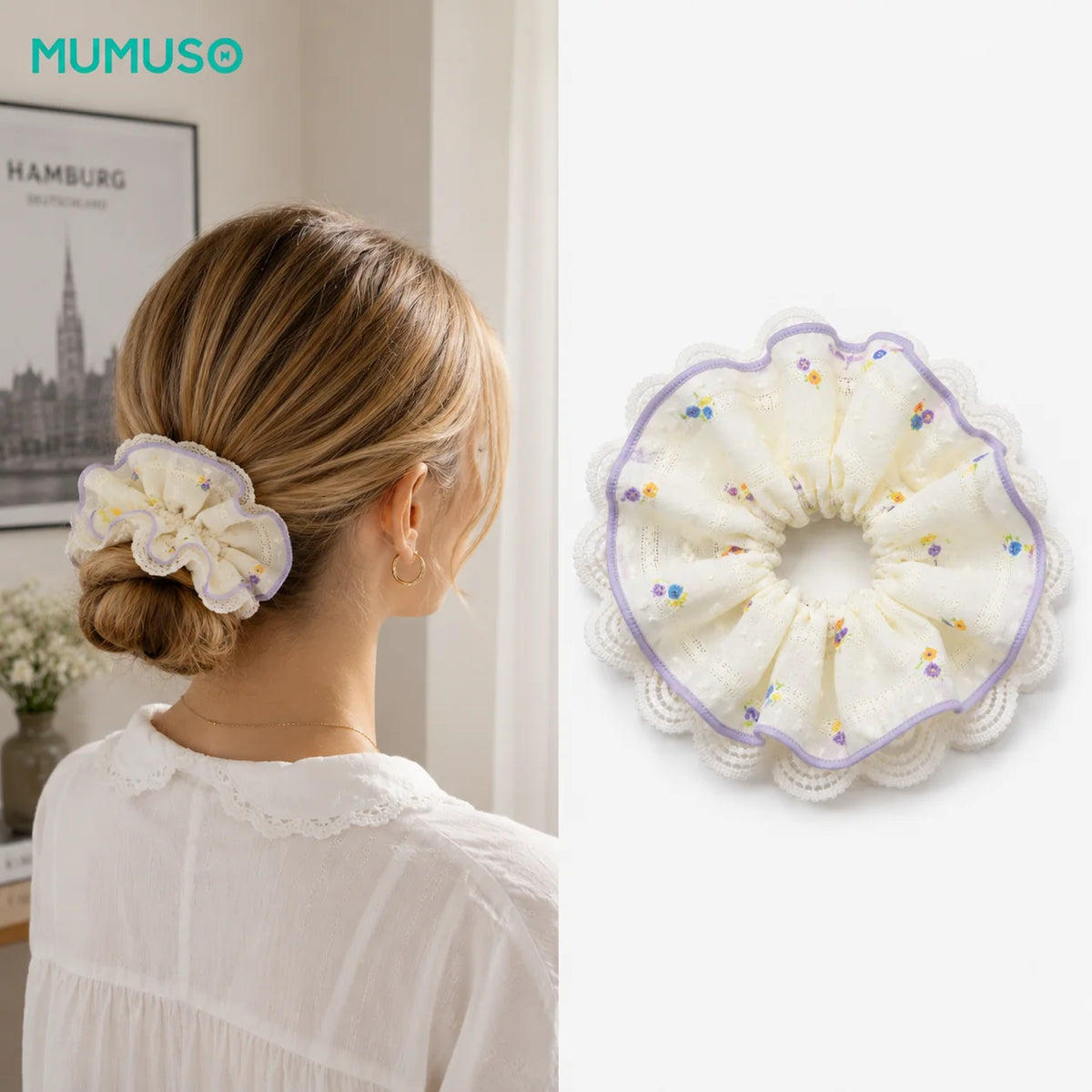 Cremefarbener MJ Scrunchie mit kleinen Blumen und weißer Spitze