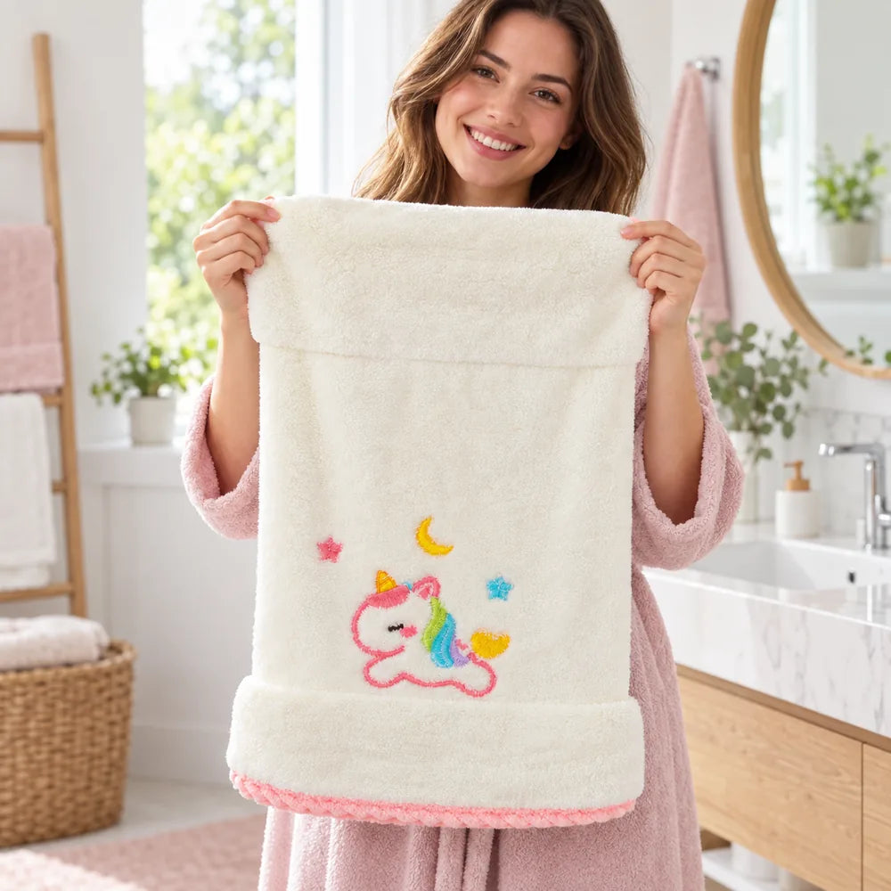 Frau hält das große Unicorn Gesichtstuch im Badezimmer