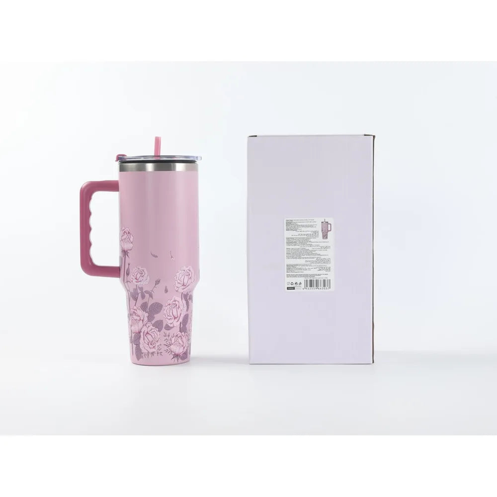 Originale Produktansicht des rosa floralen Isolierbechers 1200 ml