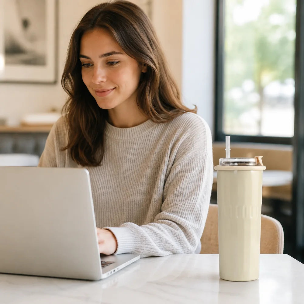 Frau am Laptop neben dem beigen Macaron Isolier Kaffeebecher 500 ml