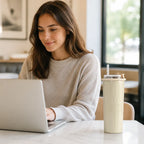 Frau am Laptop neben dem beigen Macaron Isolier Kaffeebecher 500 ml