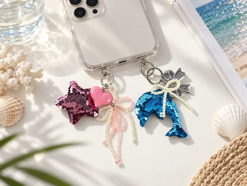 Handyanhänger mit Pailletten im Ozean Design als Lifestyle Szene