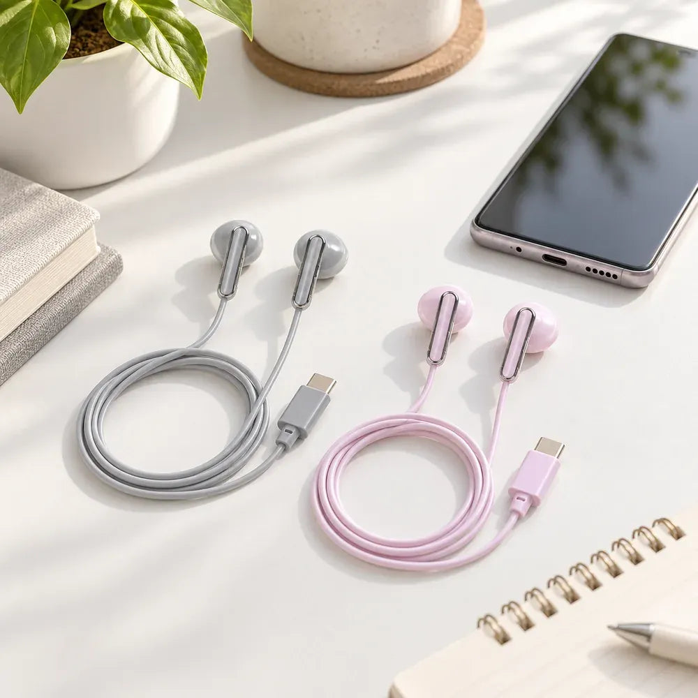Kabelgebundene In Ear Kopfhörer mit Type C Anschluss in Grau und Rosa als Lifestyle Szene