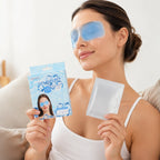 Frau mit blauen Gel Augenpatches der Glacier Serie und Produktverpackung