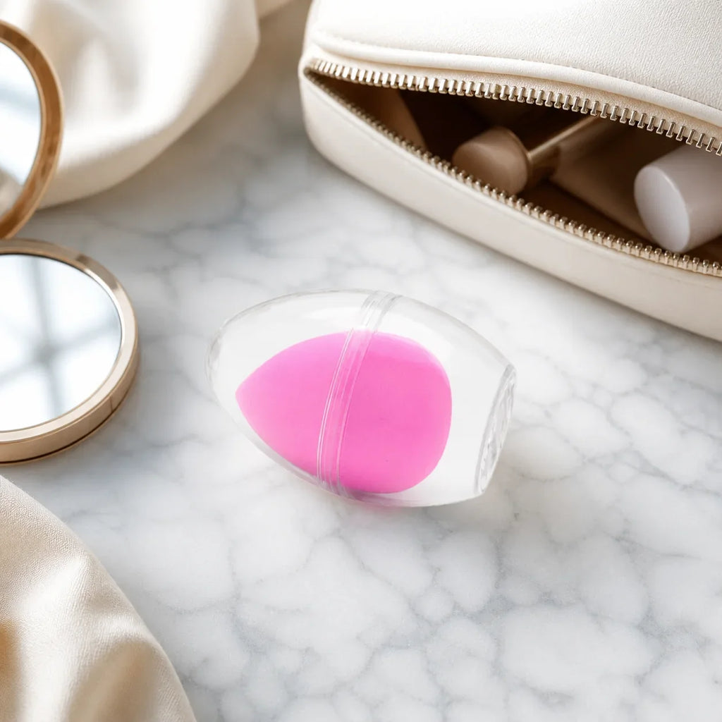 Rosa Make-up Schwamm in Tropfenform mit Aufbewahrungsbox neben einer Kosmetiktasche