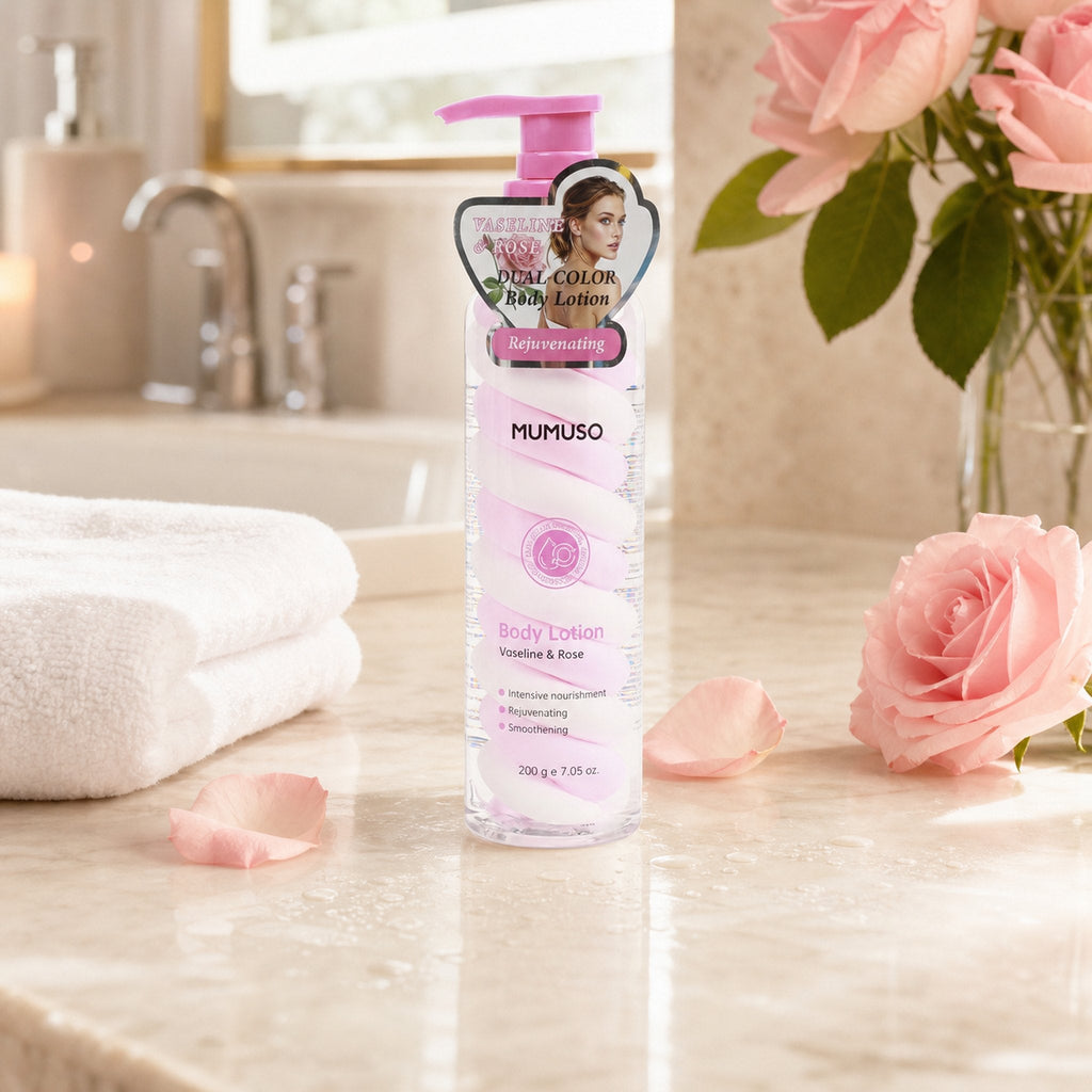 MUMUSO Körperlotion mit Vaseline und Rose im Badezimmer