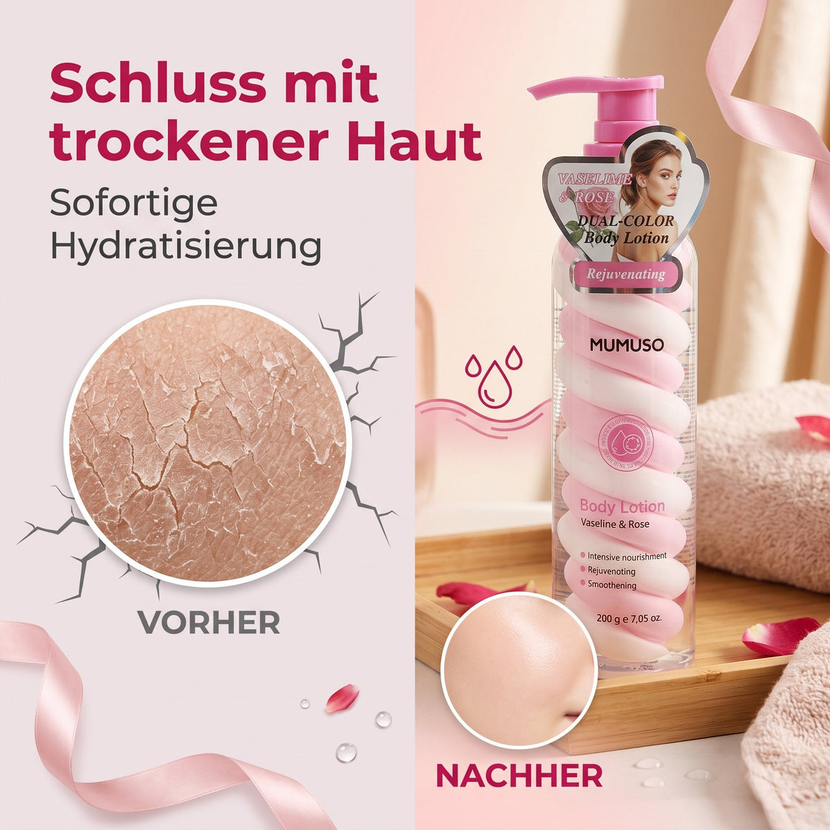 MUMUSO Körperlotion mit Vaseline und Rose – Pflege für trockene Haut