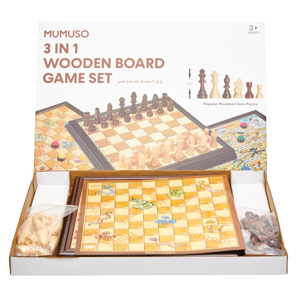 3-in-1 Brettspiel-Set aus Holz mit Schach, Dame und Leiterspiel (Natur)
