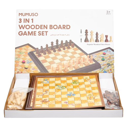 3-in-1 Brettspiel-Set aus Holz mit Schach, Dame und Leiterspiel (Natur)
