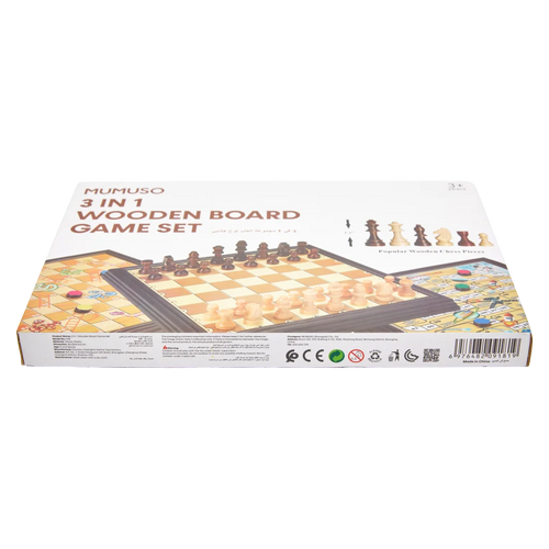 3-in-1 Brettspiel-Set aus Holz mit Schach, Dame und Leiterspiel (Natur)