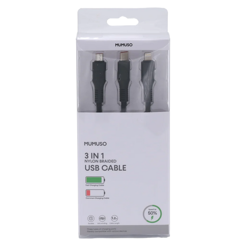 3-in-1 USB-Ladekabel aus Nylon, Fast Charge 66W (Schwarz)