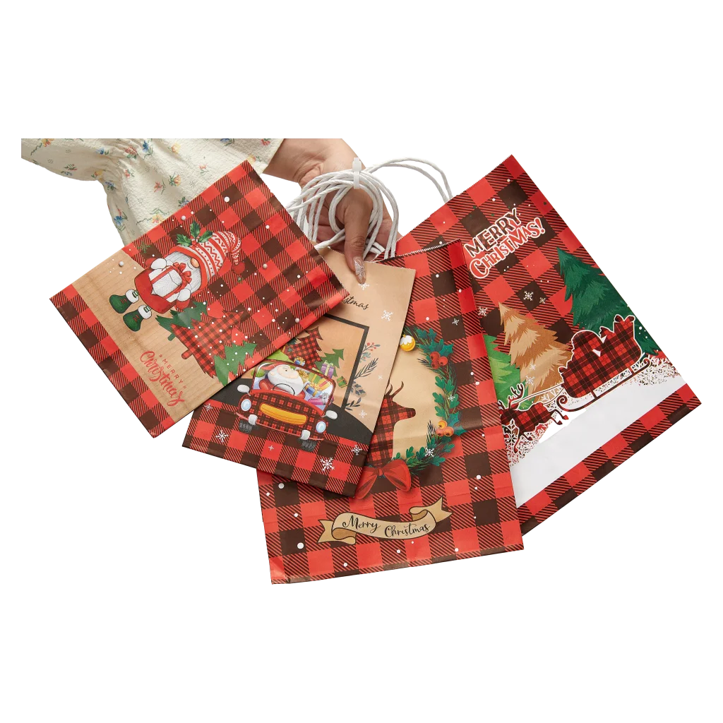4-teiliges Geschenktaschen-Set mit Weihnachtsbaum-Design (Rot/Grün/Natur)
