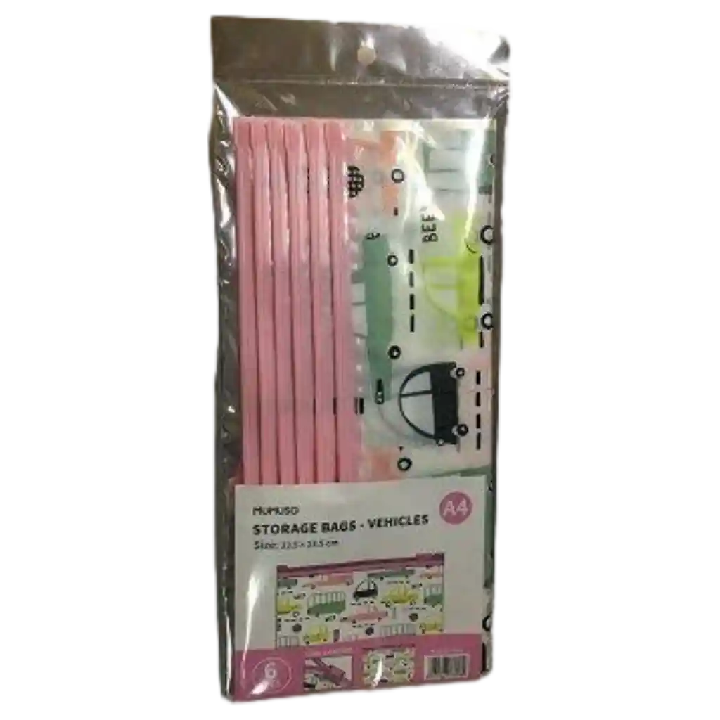6-teiliges PE+PP Aufbewahrungsbeutel-Set mit Fahrzeug-Design, Größe A4 (Rosa/Bunt)