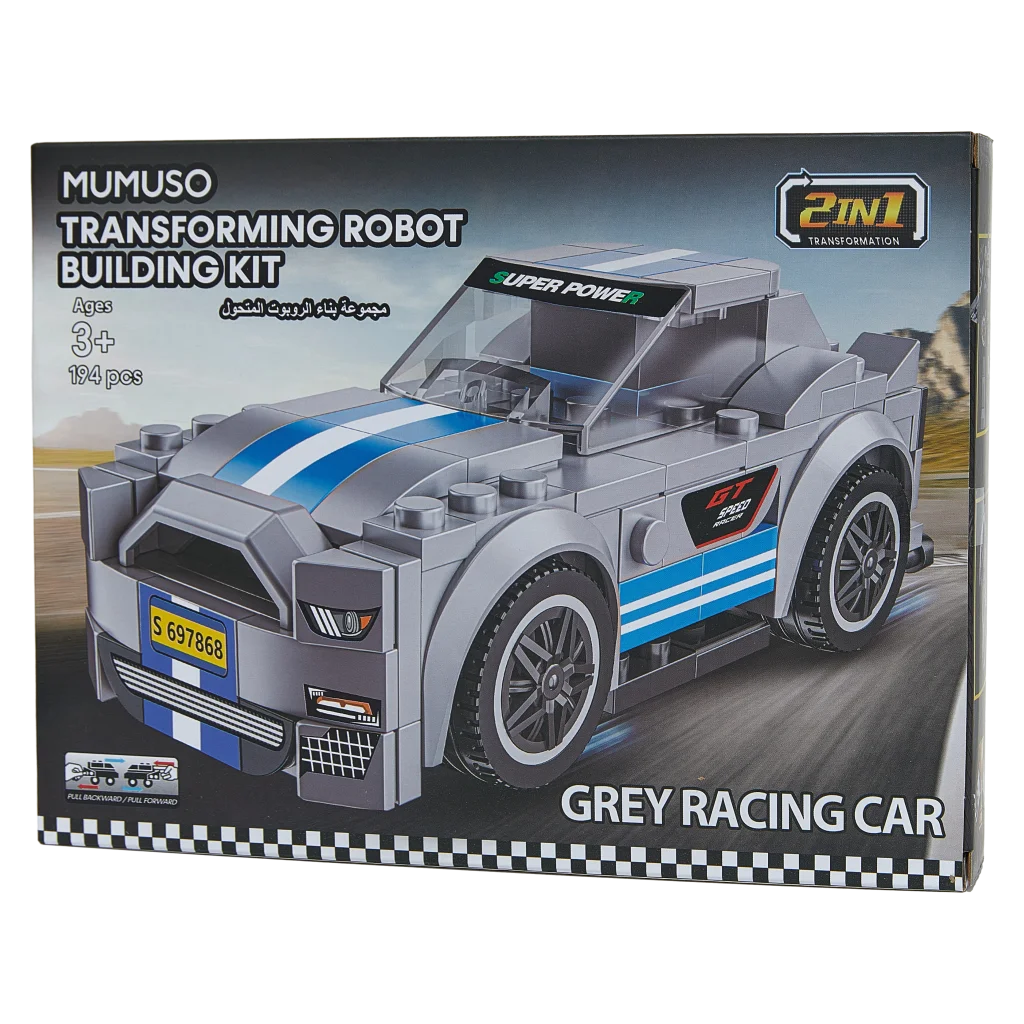 2-in-1 Baukasten Rennwagen und Roboter aus ABS-Kunststoff (Grau/Blau)