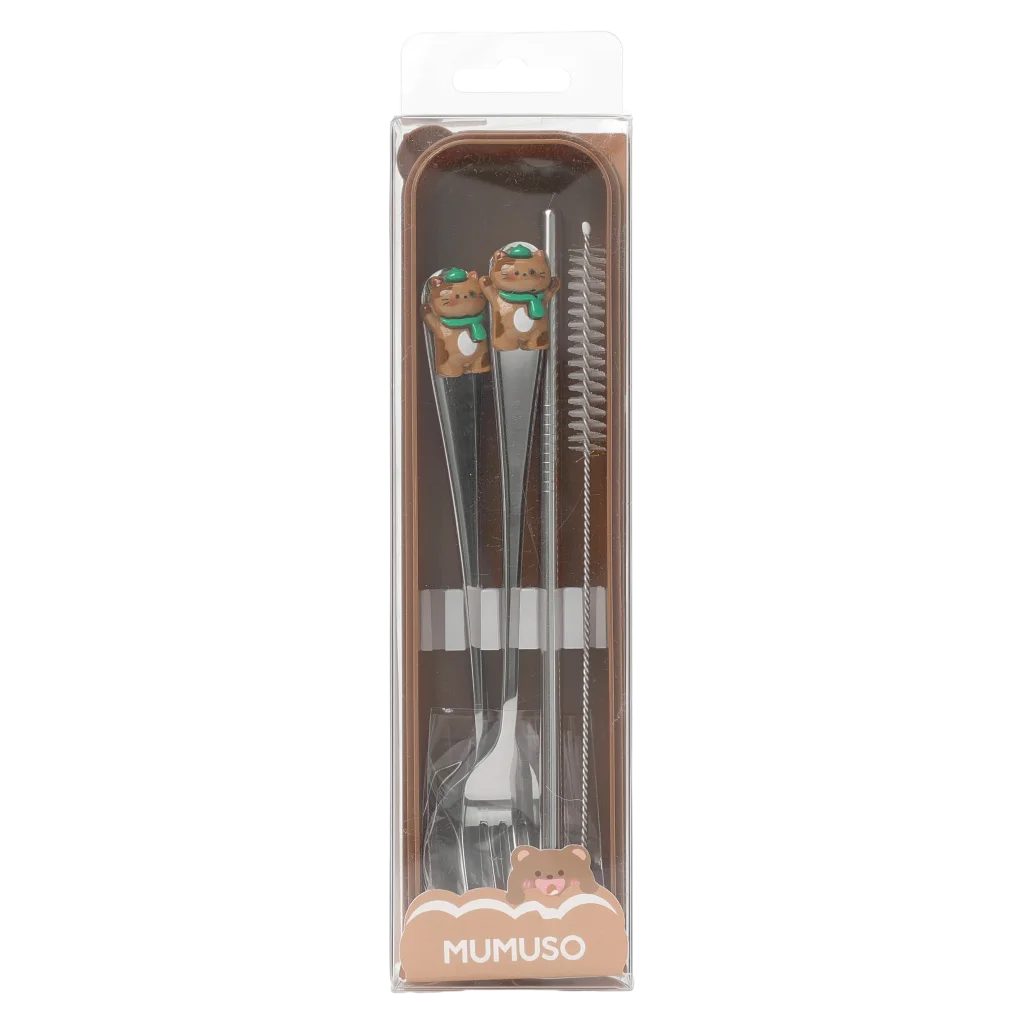 4-teiliges Edelstahl-Besteckset mit Katzen-Design, inklusive Bürste und Box (Dunkelbraun)