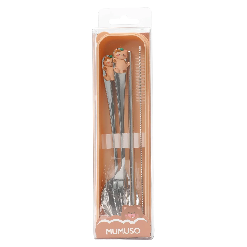 4-teiliges Edelstahl-Besteckset mit Katzen-Design in Aufbewahrungsbox (Light Coffee)