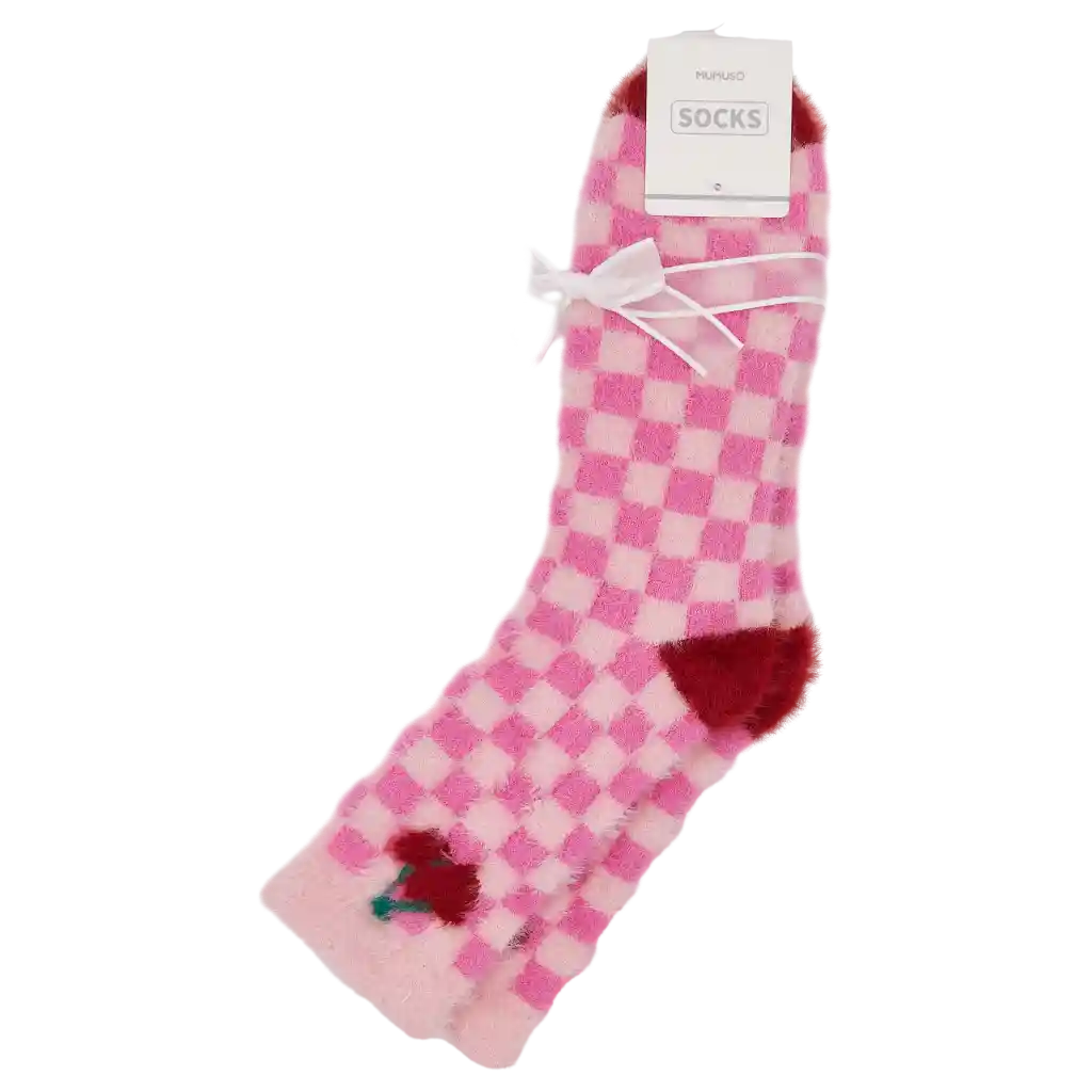 Crew-Socken Damen Nerzvelours mit Karo und Kirschen-Design (Pink)