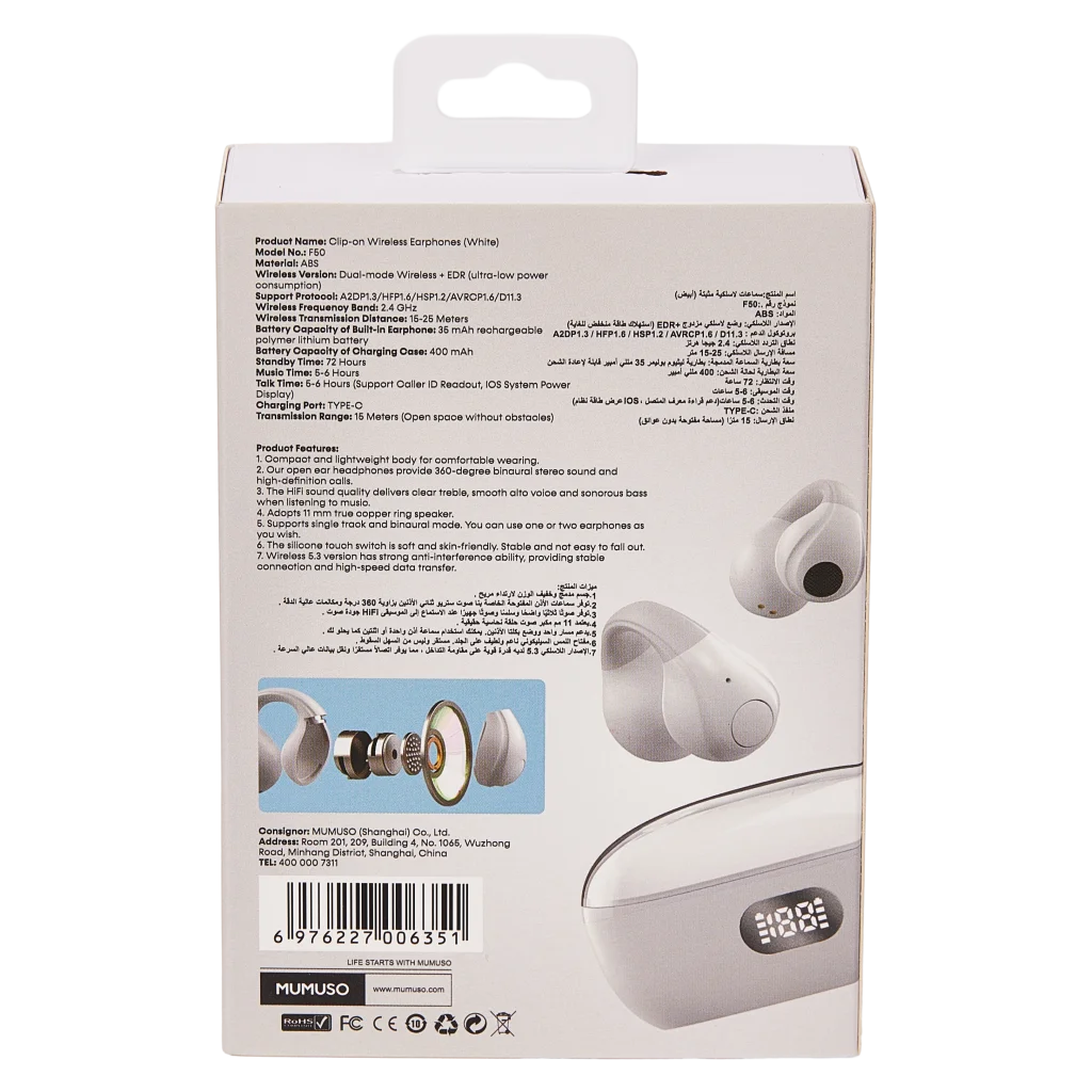 Clip-On Bluetooth-Kopfhörer, kabellos mit Ohrbügel (Weiß)