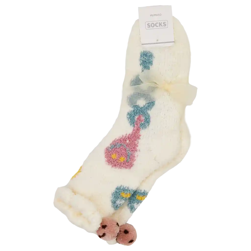 Crew Socken Damen mit Smiley-Design und Pompon (Beige)