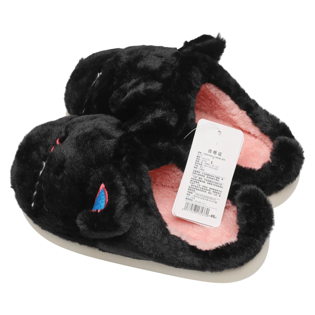 Warme Damen Plüsch-Hausschuhe mit Katzen-Design (Schwarz, 40-41)