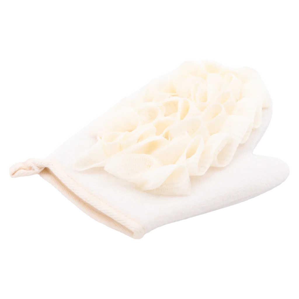 Doppelseitiger Peelinghandschuh mit Badeschwamm, für sanfte Reinigung (Beige)