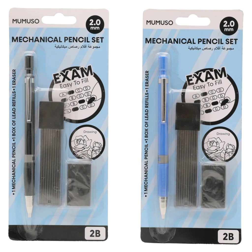 Druckbleistift-Set 2B, 2,0 mm mit Ersatzminen und Radiergummi (Schwarz/Blau)