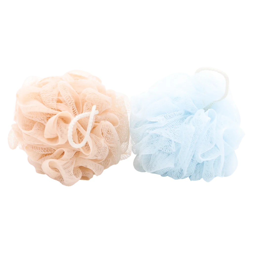 Duschpuff aus Mesh für sanfte Hautreinigung (Blau/Rosa)