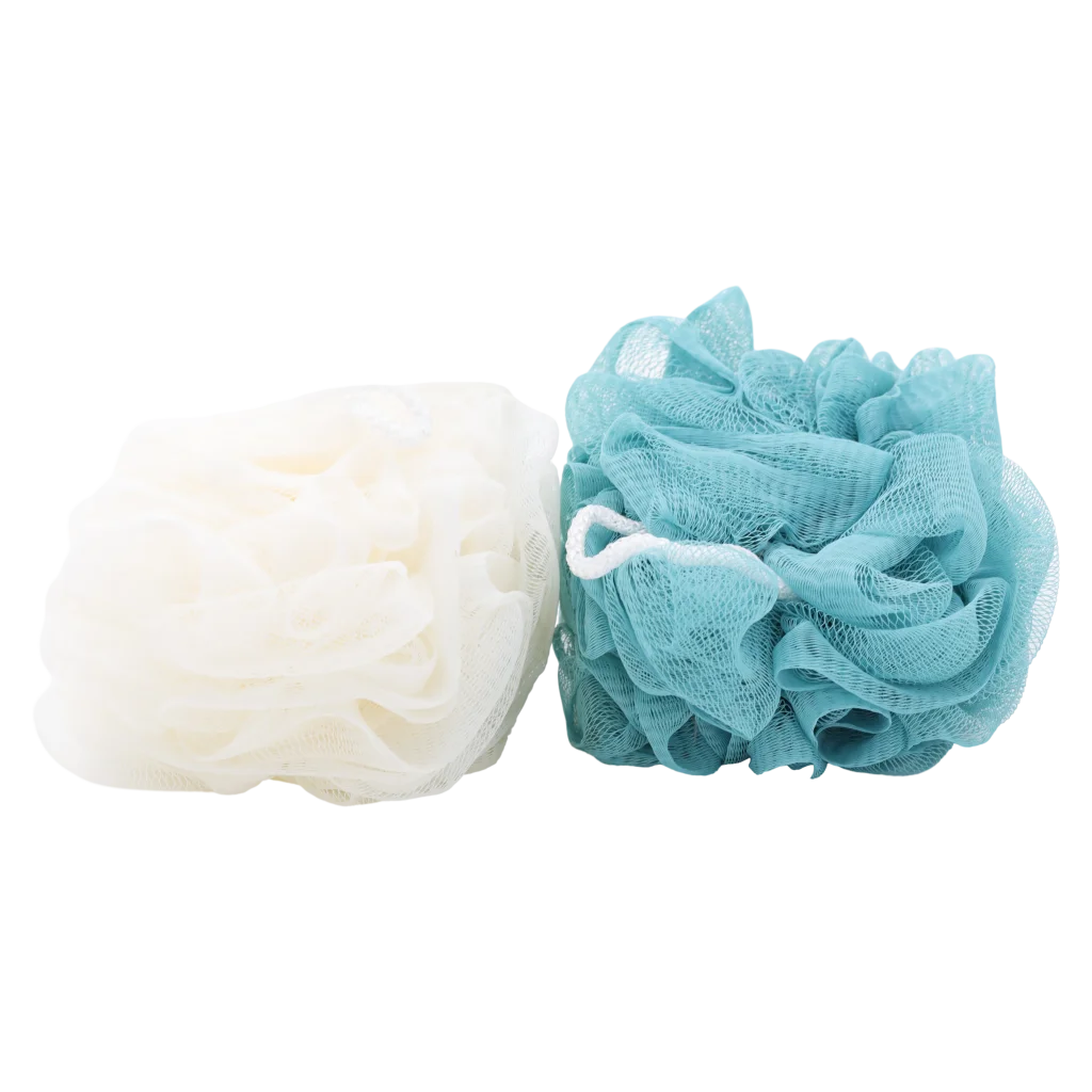 2-teiliges Duschschwamm-Set aus Netzmaterial für sanfte Reinigung (Weiß/Blau)