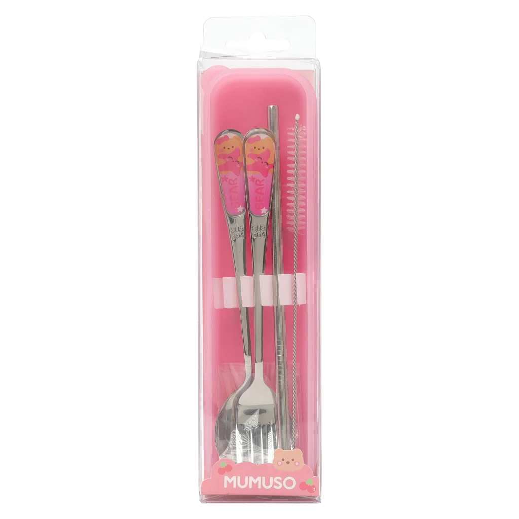4-teiliges Edelstahl-Besteckset mit Bären- und Seestern-Design, inklusive Aufbewahrungsbox (Pink)