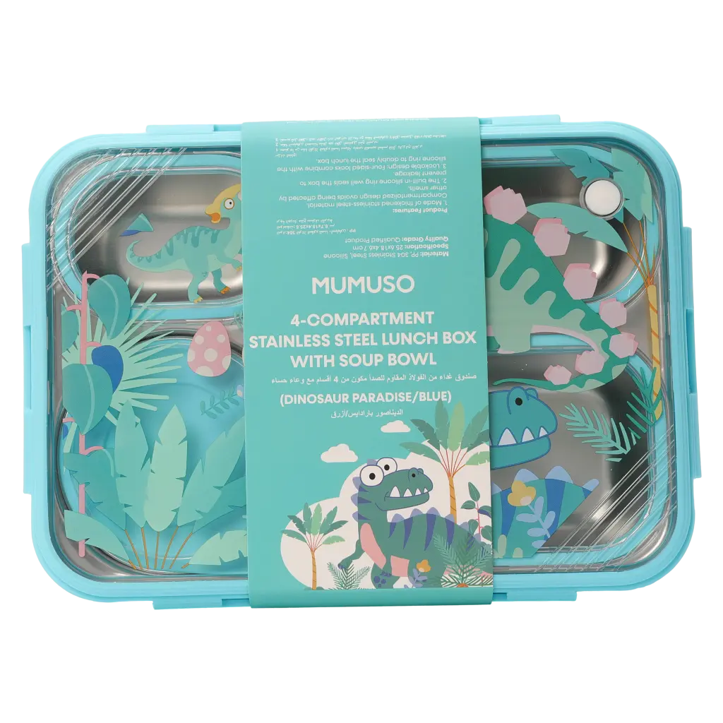 Edelstahl-Lunchbox mit 4 Fächern und Suppenschale, mit Dinosaurier-Design (Blau)