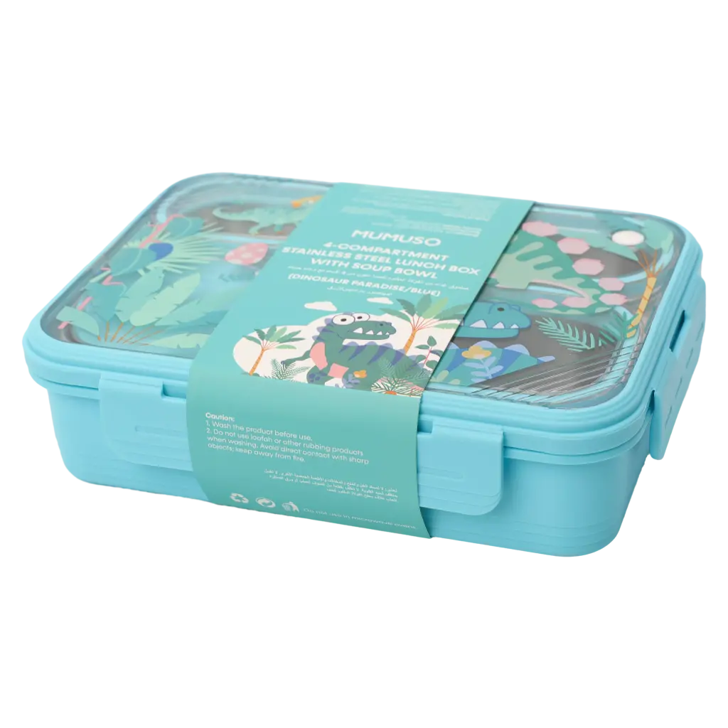 Edelstahl-Lunchbox mit 4 Fächern und Suppenschale, mit Dinosaurier-Design (Blau)
