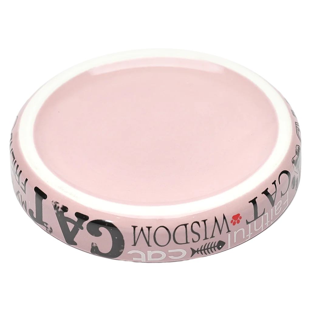 Flacher Keramik-Futternapf für Katzen mit Schriftzug-Design (Rosa)