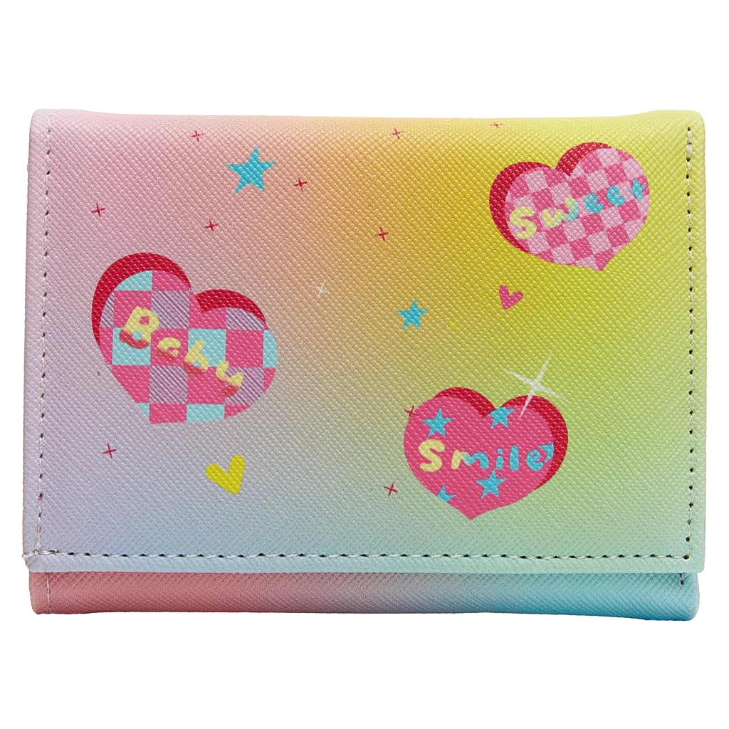 Damen Geldbörse aus Kunstleder mit Herz-Design, dreifach faltbar (Gelb/Rosa/Blau)