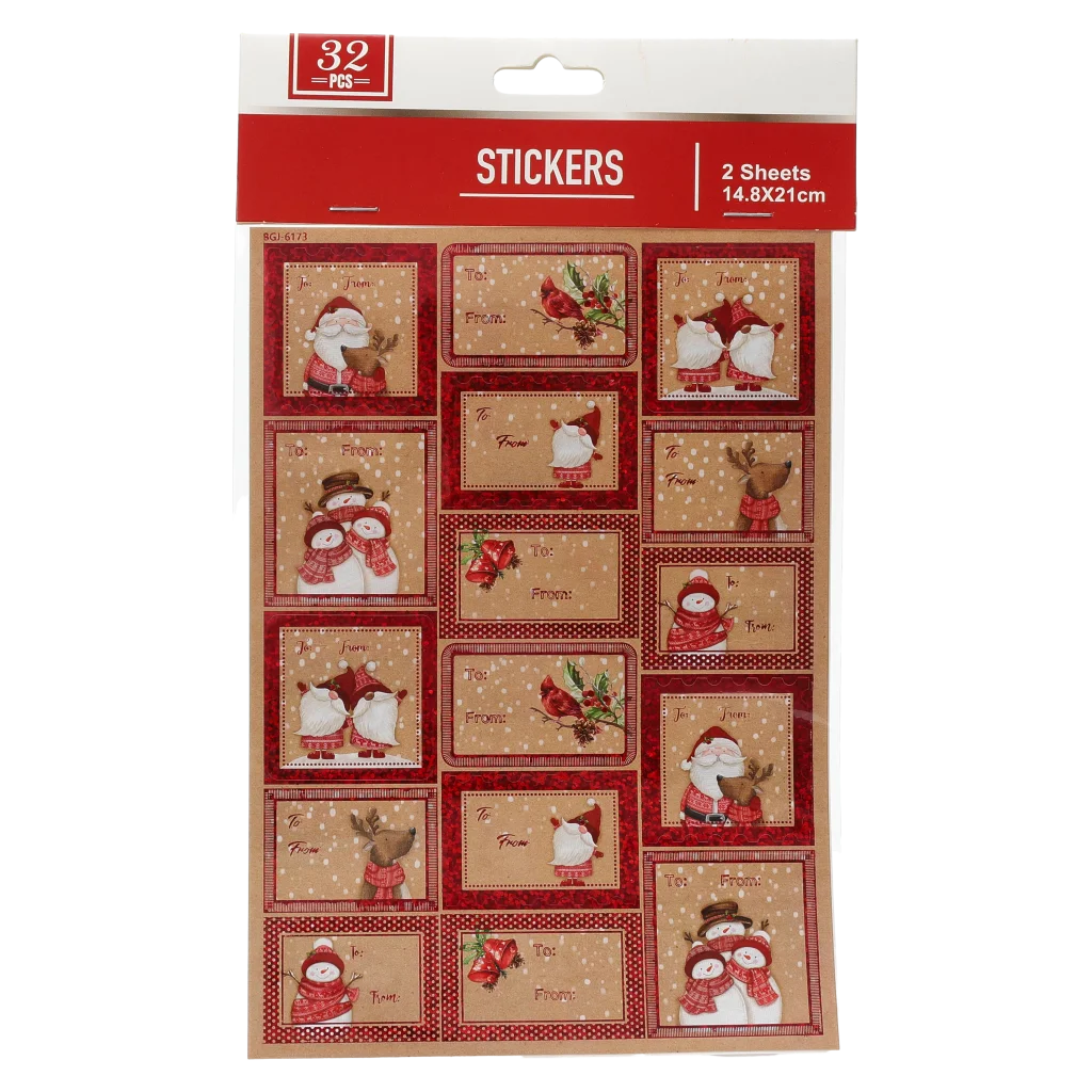 32 Geschenkanhänger-Sticker mit Folienprägung, Weihnachten (Rot/Natur)